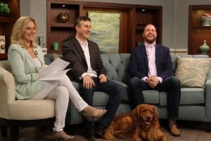 A team of three professionals and a dog meeting in a modern office space