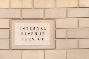 The side of the Internal Revenue Service building.